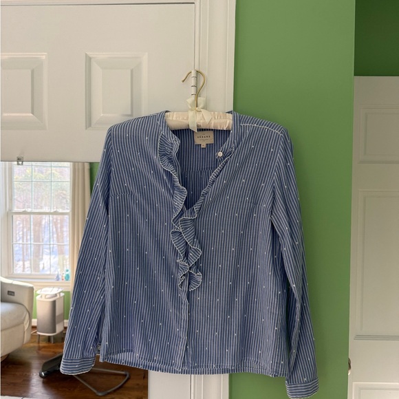 Sezane Blue Striped Ruffle Blouse - Picture 2 of 2
